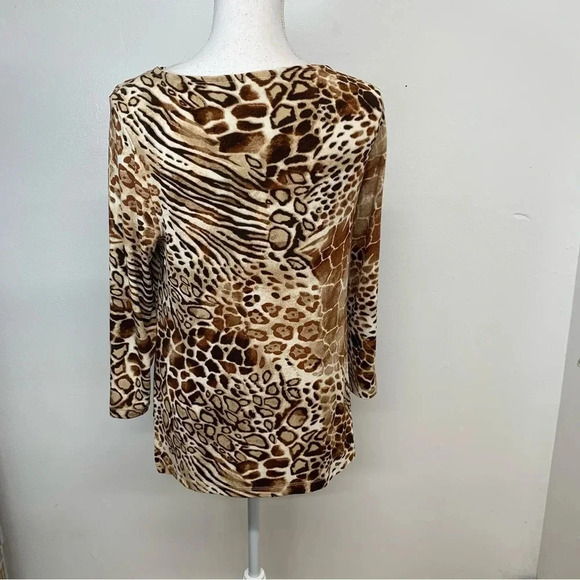 Chicos Travelers 0 Top Woman Small  Slinky Knit Brown Animal Print 3/4 Sleeve - Picture 6 of 11